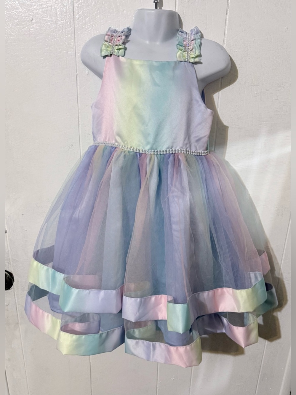 Blueberi Boulevard Pastel Rainbow Tulle Dress with Ruffled Straps
